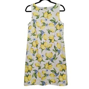 Talbots Lemon Print Shift Dress 8P White Yellow Sleeveless Euro Summer Cottage